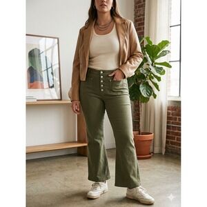 Loft The Kick Crop Olive Green High Rise Button Fly Patch Pocket Jeans Sz 14/32